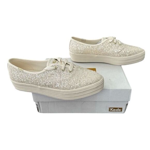 Keds Cream Glitter Sneakers Point Glitter Celebrations Lace Up Platform Sneaker - Picture 2 of 9